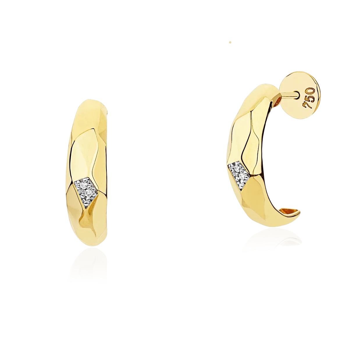 Brinco meia argola facetada ouro amarelo 18k com Diamantes