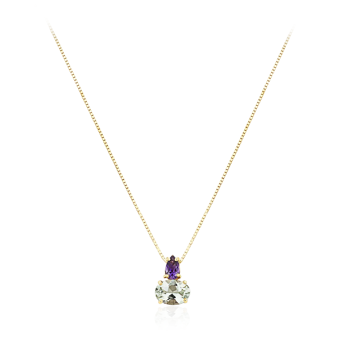 Colar ouro amarelo 18k com pingente Prasiolita e Ametista lavanda 40/45cm