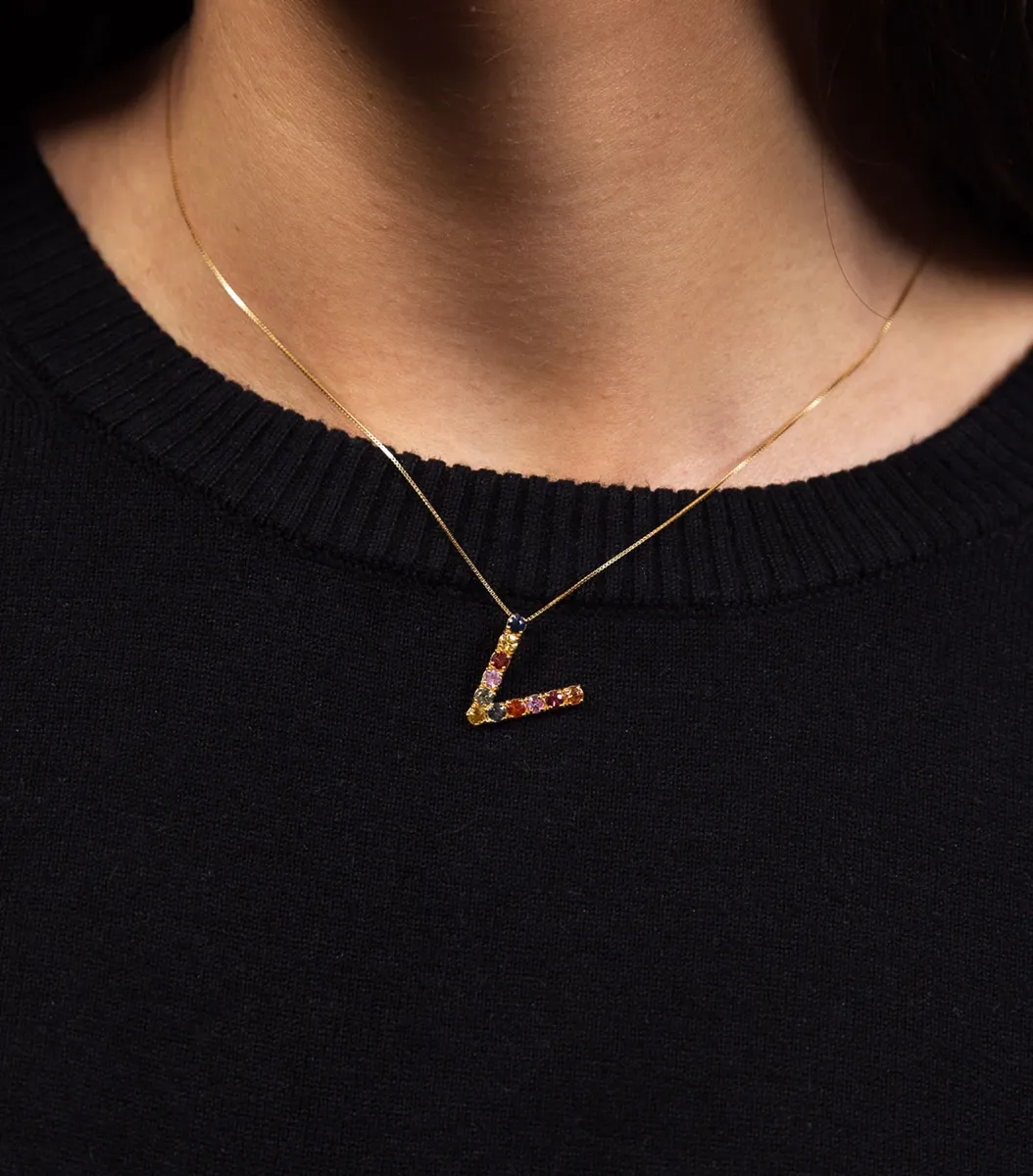 Pingente ouro amarelo 18k letra V com 11 Safiras coloridas
