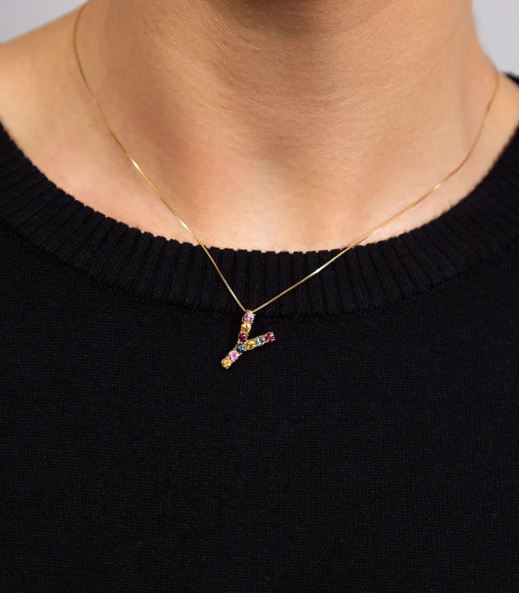 Pingente ouro amarelo 18k letra Y com 9 gemas de Safiras coloridas