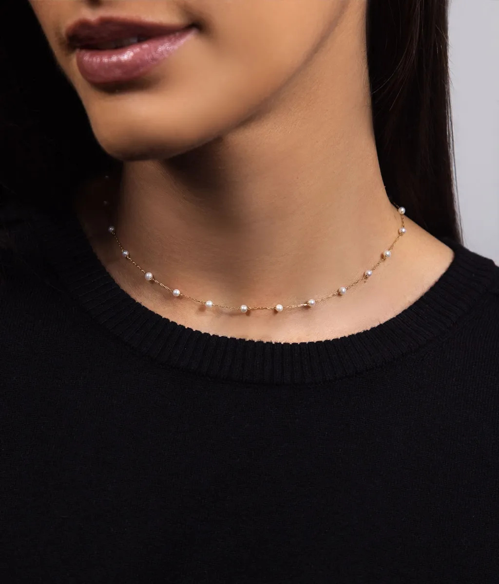 Colar ouro amarelo 18k gargantilha de elos com Pérolas