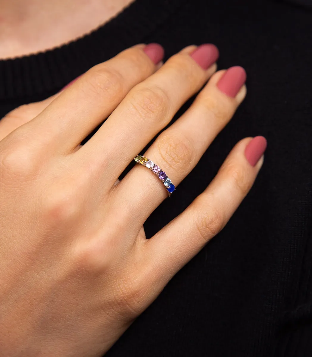 Anel ouro branco18k meia aliança de Gemas brasileiras coloridas