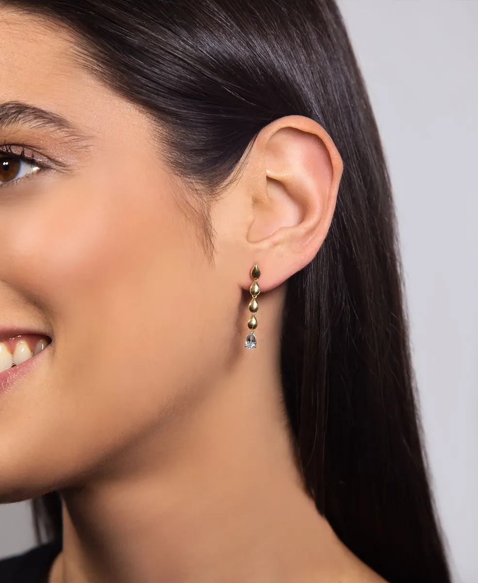 Brinco ouro amarelo 18k gotas polidas com gota de Topázio Sky