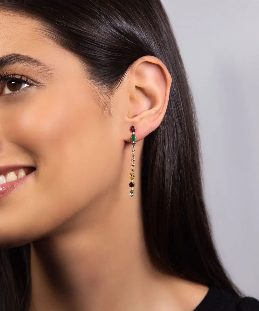 Brinco ouro 18k pingente mix Gemas brasileiras e 9pts de Diamantes