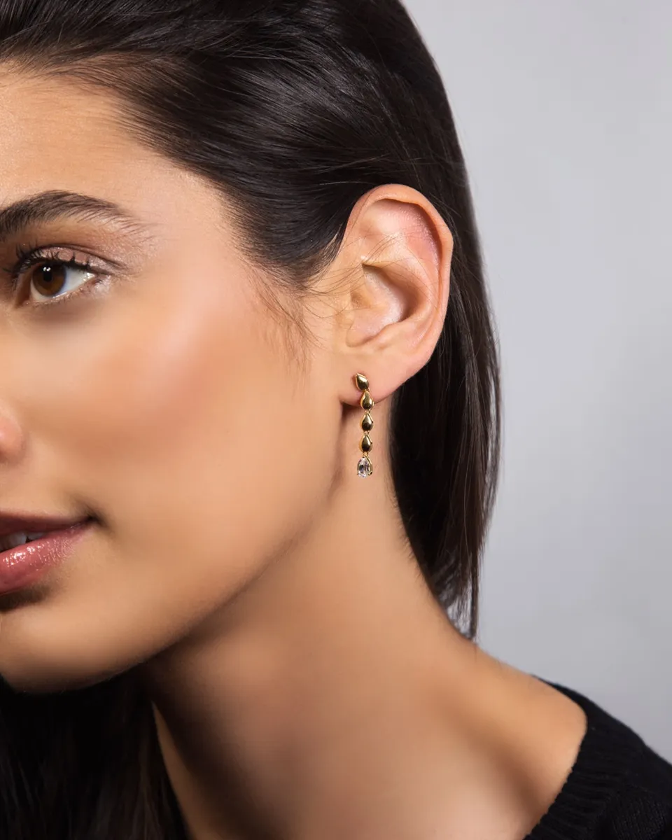 Brinco ouro 18k pingente gotas polidas com gota de Topázio branco