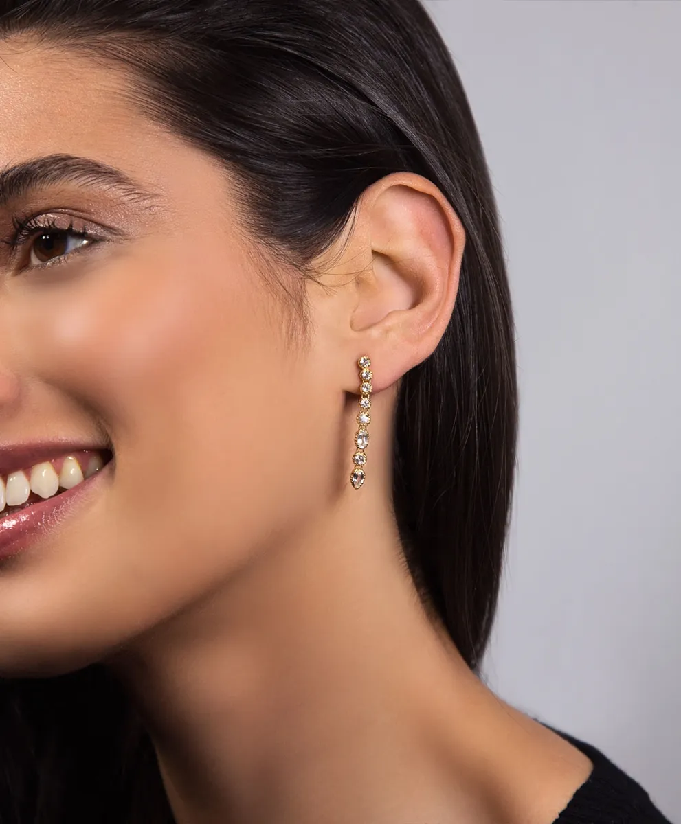 Brinco ouro amarelo 18k pingente gemas de Topázio branco