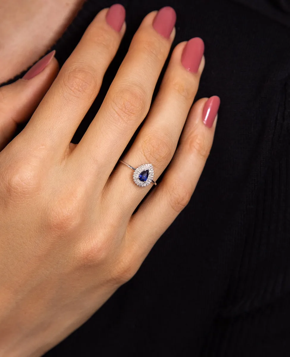 Anel ouro branco 18k gota de Safira azul com 14pts de Diamantes