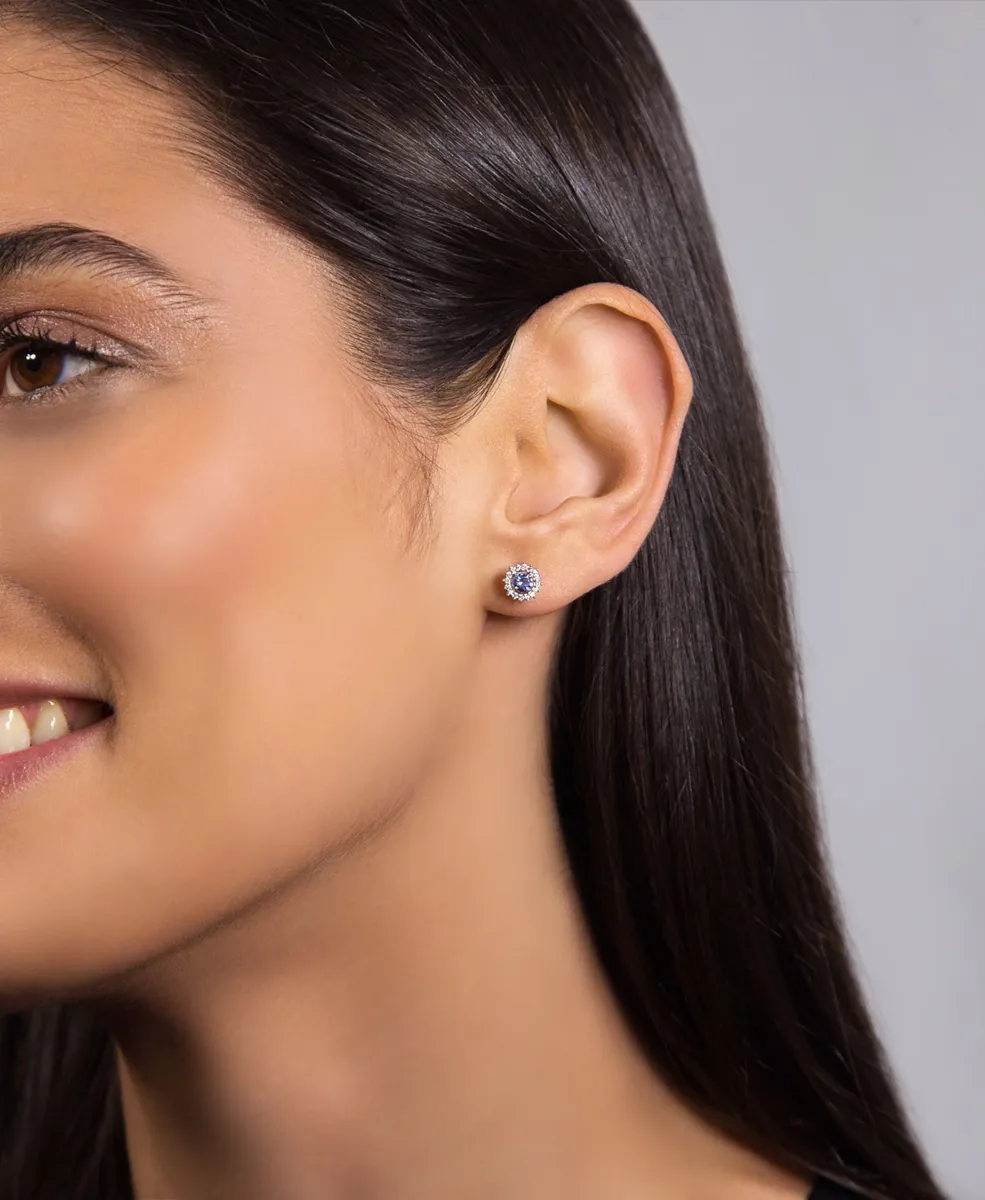 Brinco ouro branco 18k gema redonda de Tanzanita com 12pts de Diamantes
