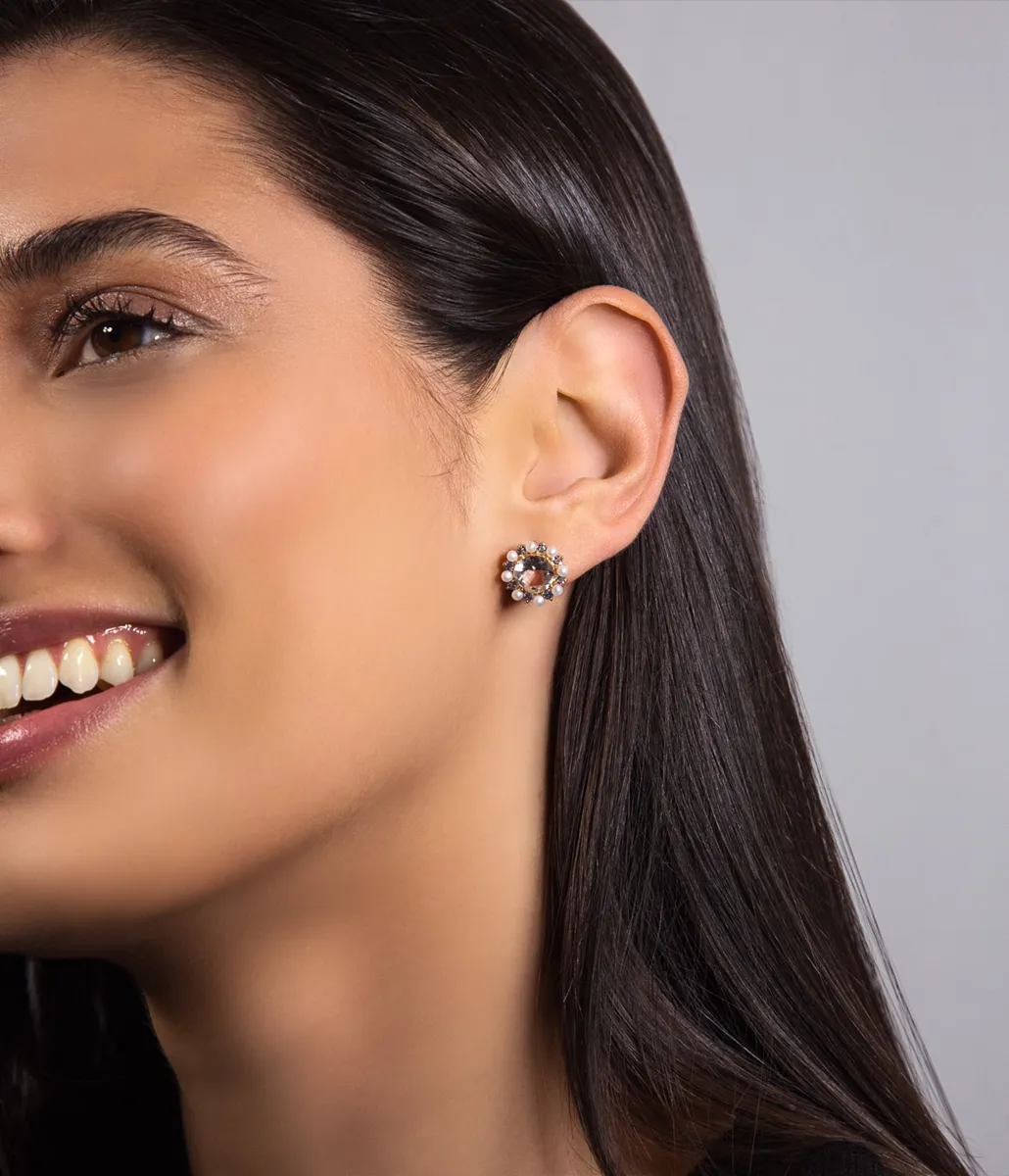 Brinco ouro 18k Tanzanita Pérola e Topázio branco