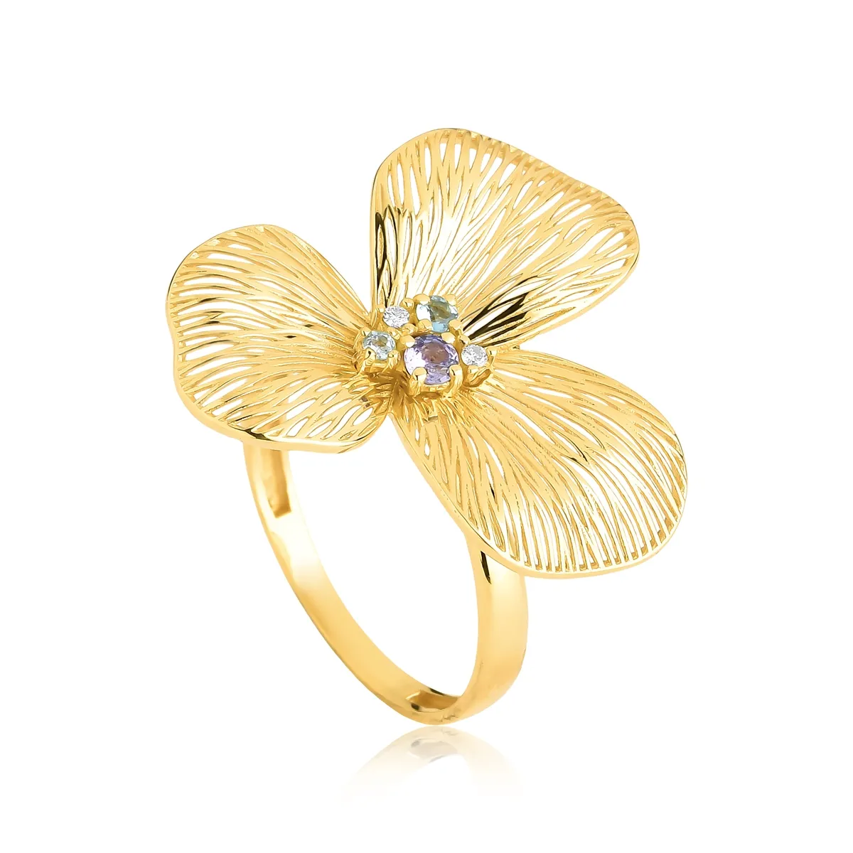 Anel Printemps flor filigrana 3 pétalas com mix Gemas Naturais e Diamante
