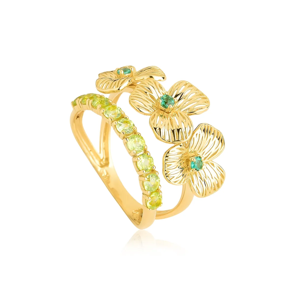 Anel Printemps dois aros 3 flores filigrana ouro 18k com Esmeraldas e Peridoto