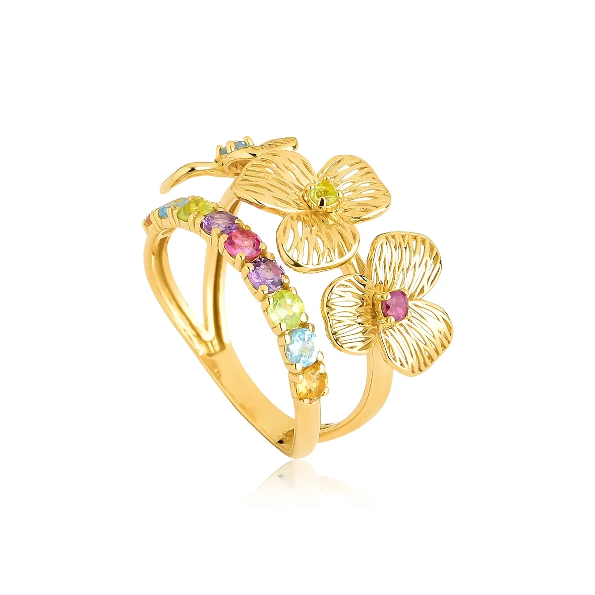 Anel Printemps dois aros 3 flores filigrana ouro 18k mix de Gemas Naturais