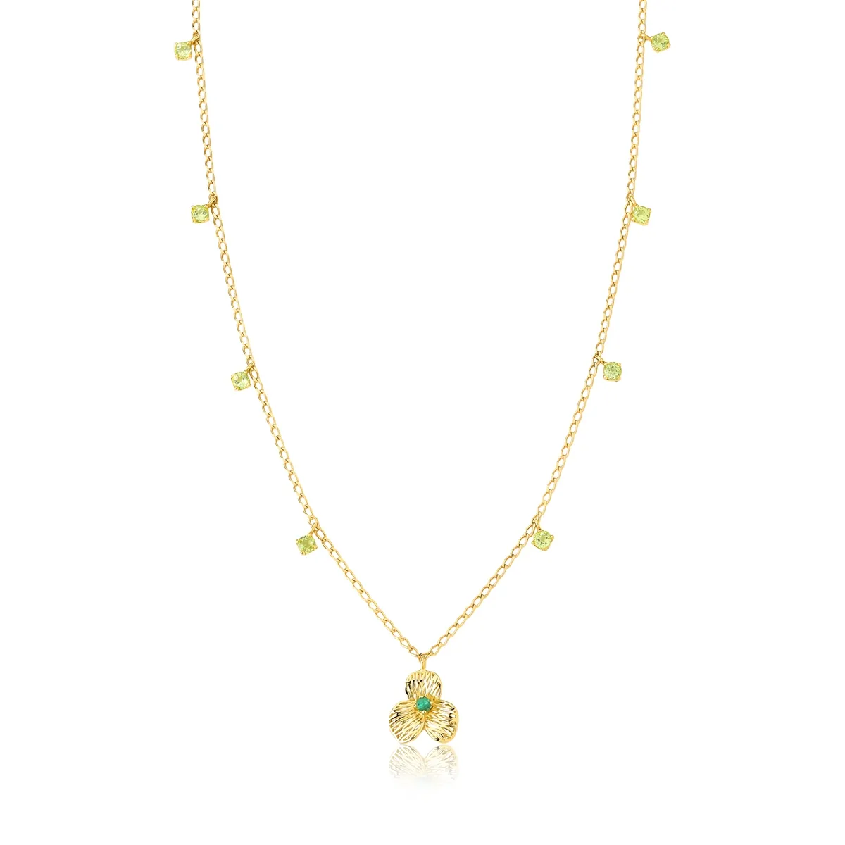 Gargantilha Printemps pingente flor filigrana ouro 18k miolo de Esmeralda e Peridotos