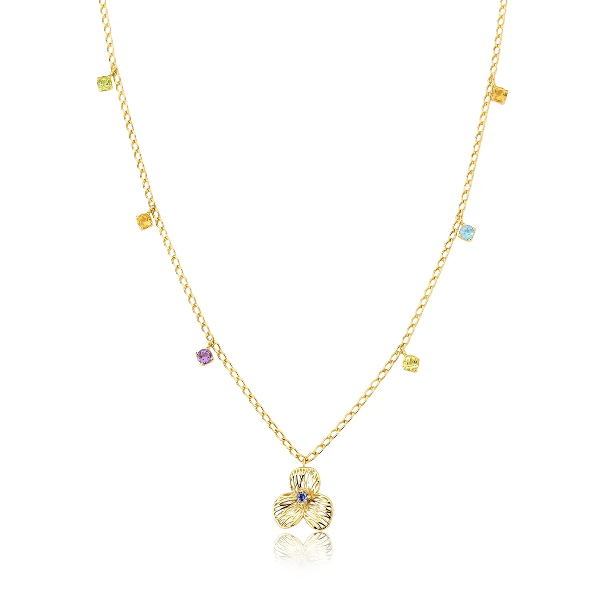 Gargantilha Printemps pingente flor filigrana ouro 18k miolo de Tanzanita e mix de Gemas