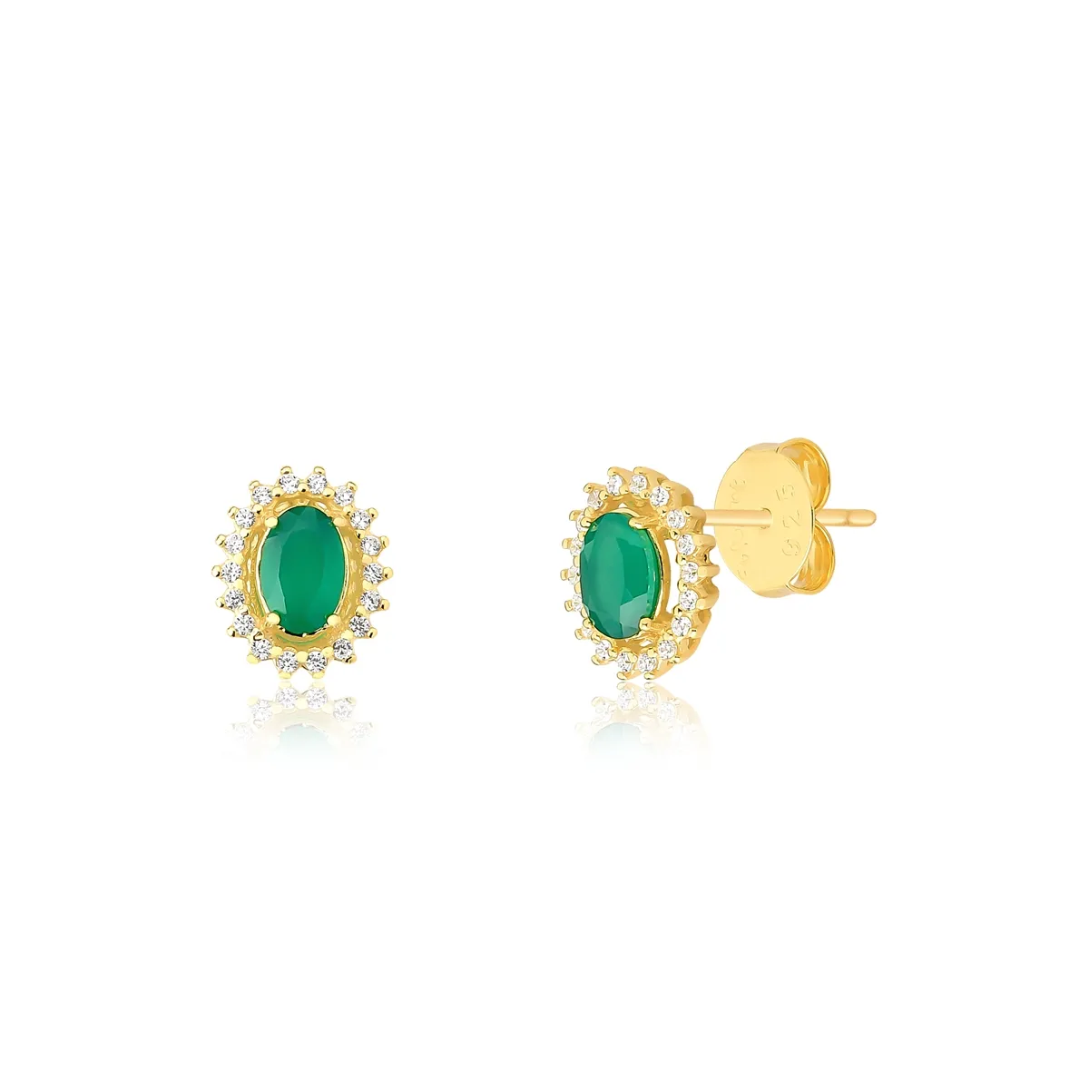 Brinco Stud de Ágata verde com Zircônias prata 925 dourada For me Victorian