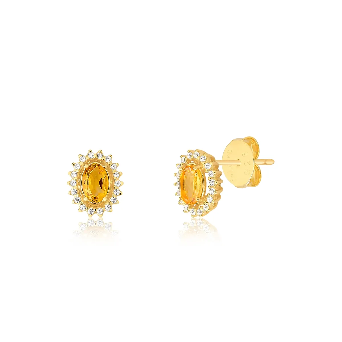 Brinco Stud de Citrino oval prata 925 dourada com Zircônias For me Victorian