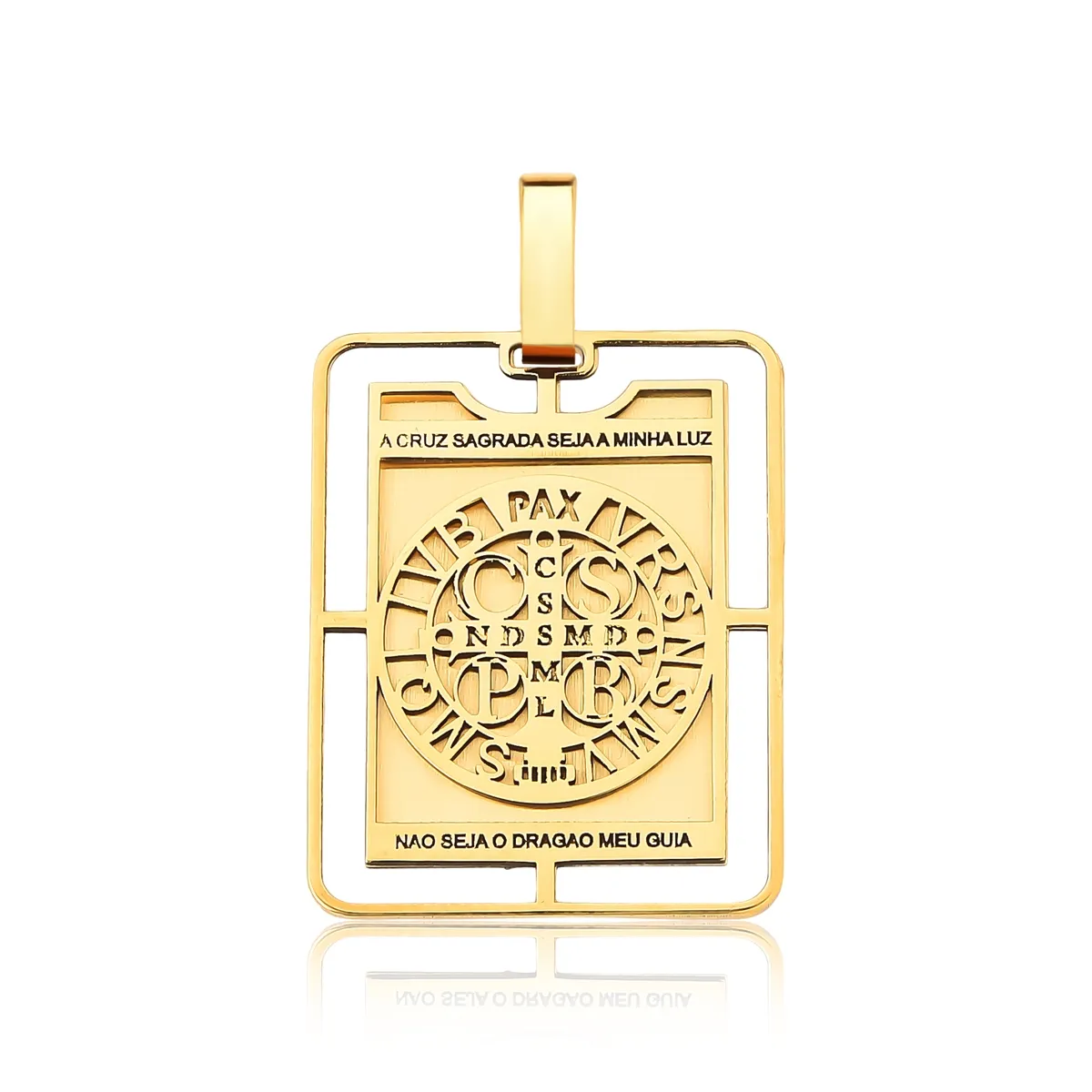 Pingente ouro 18k medalha retangular de São Bento