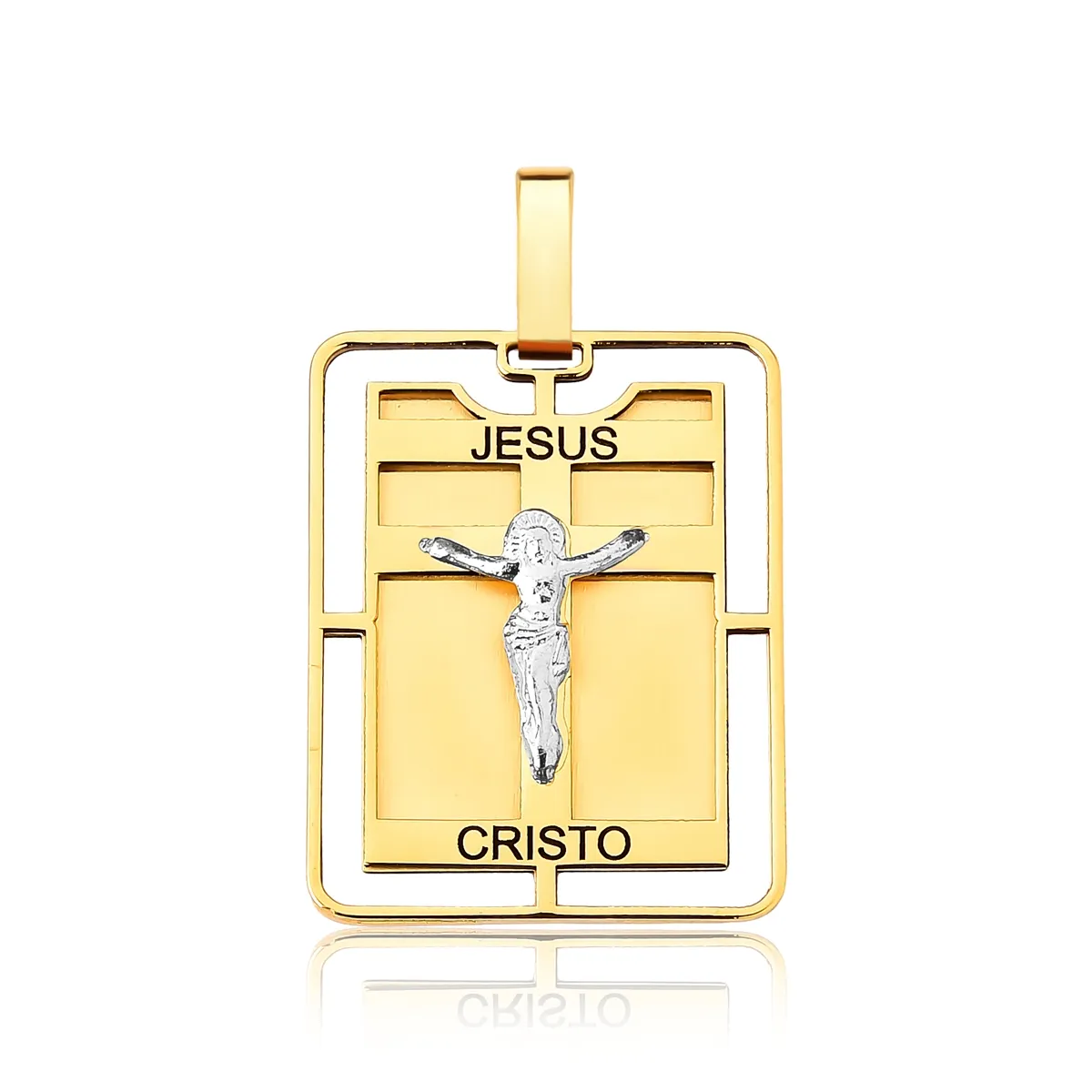 Pingente ouro 18k retangular Jesus Cristo e Oração