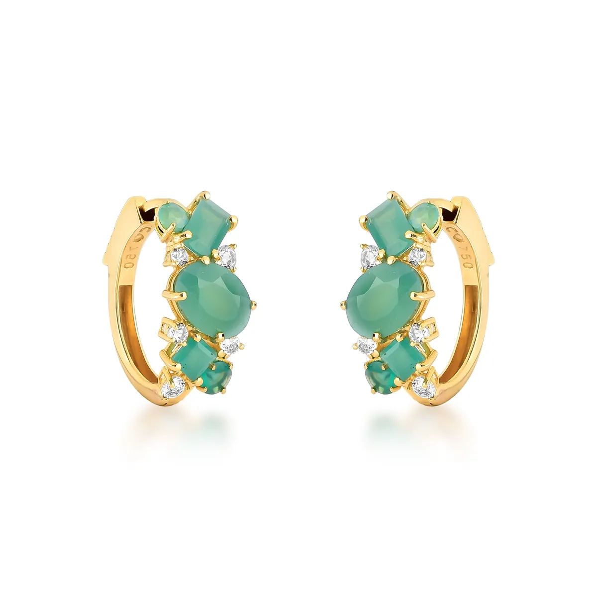 Brinco argola ouro 18k com gemas de Crisoprásio e Topázios brancos Coleção Genuine