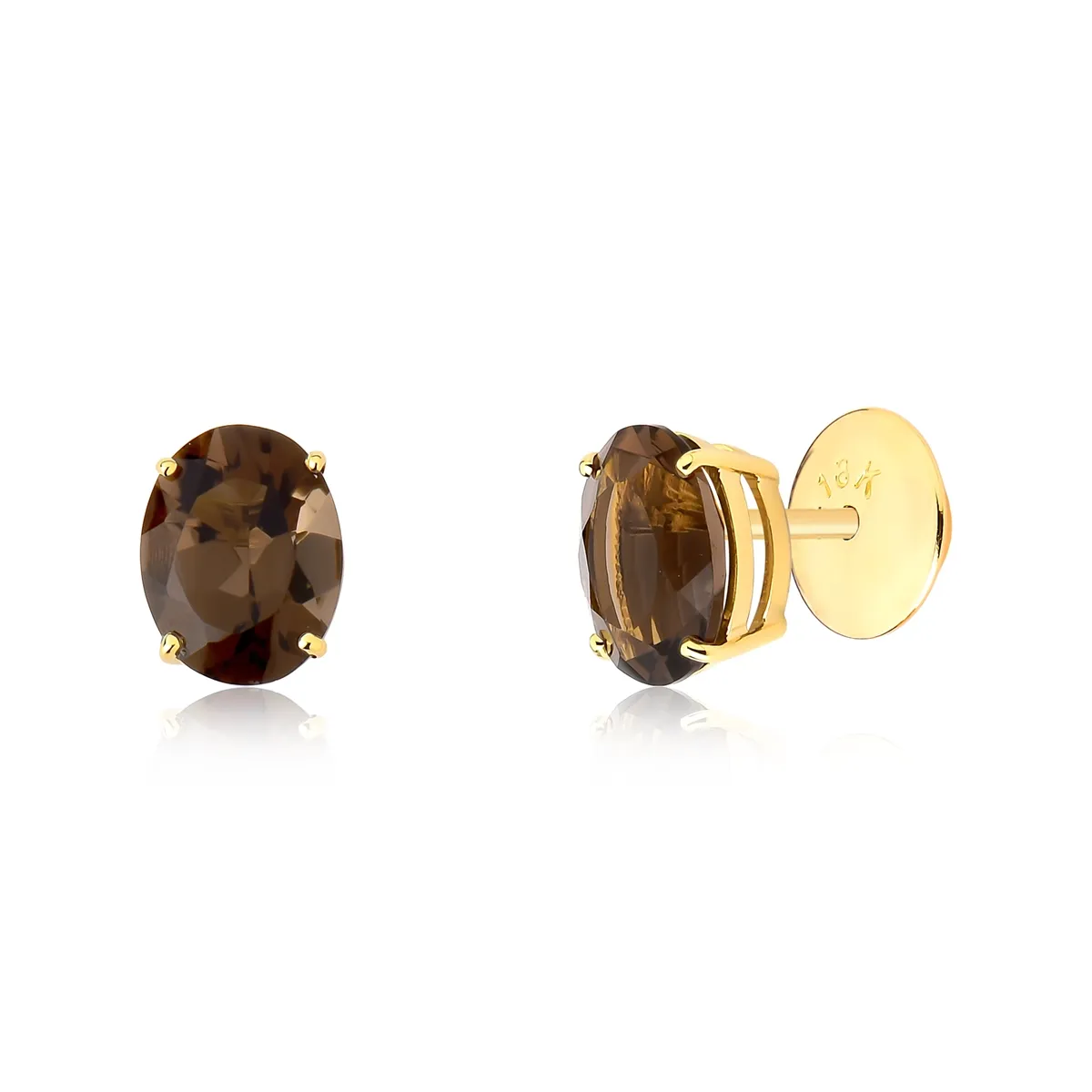 Brinco Stud gema oval de Quartzo Fumê ouro 18k Coleção Genuine