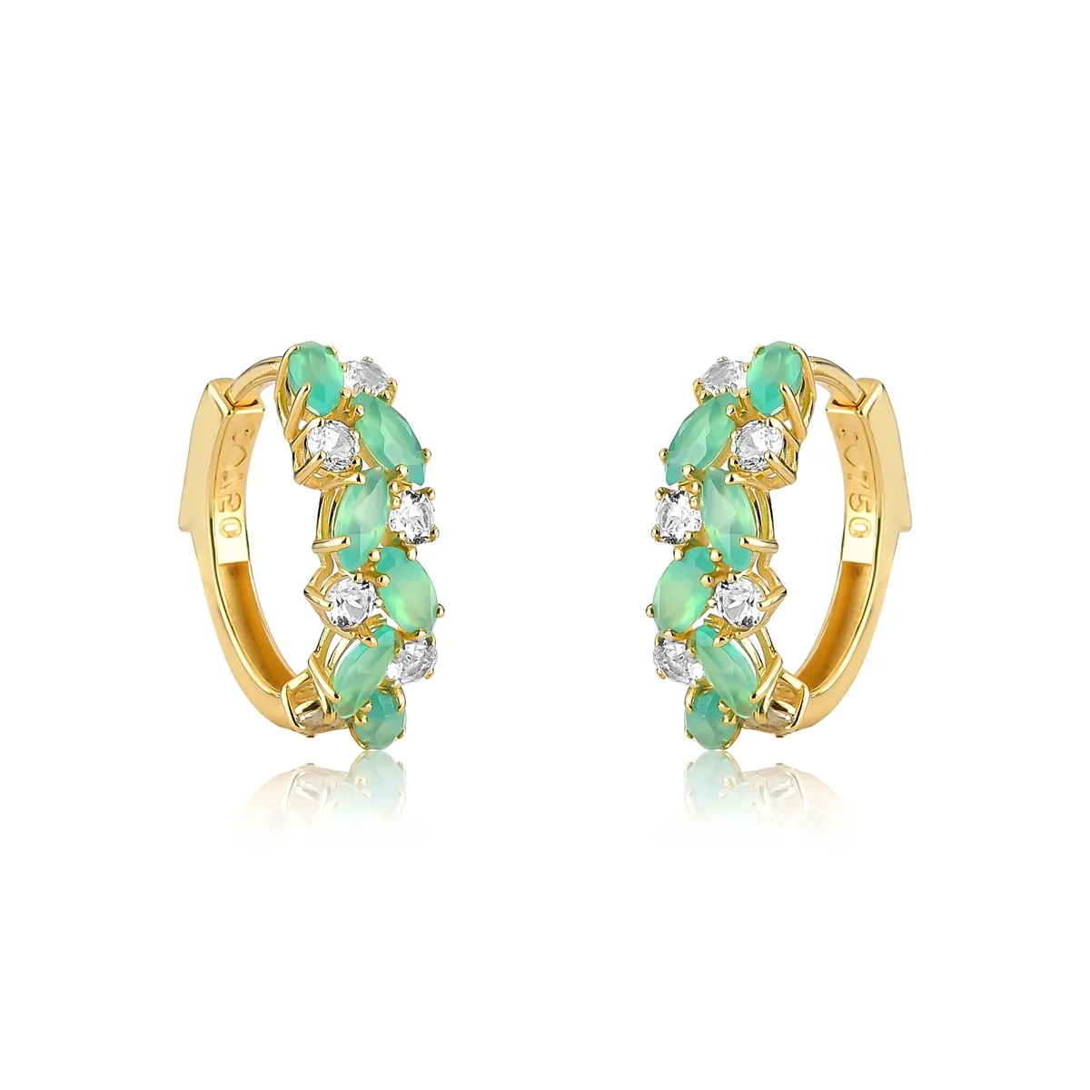 Brinco meia argola ouro 18k gemas de Crisoprásio e Topázio branco