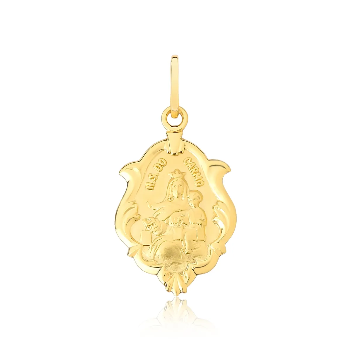 Pingente ornato ouro 18k medalha de Nossa Senhora do Carmo