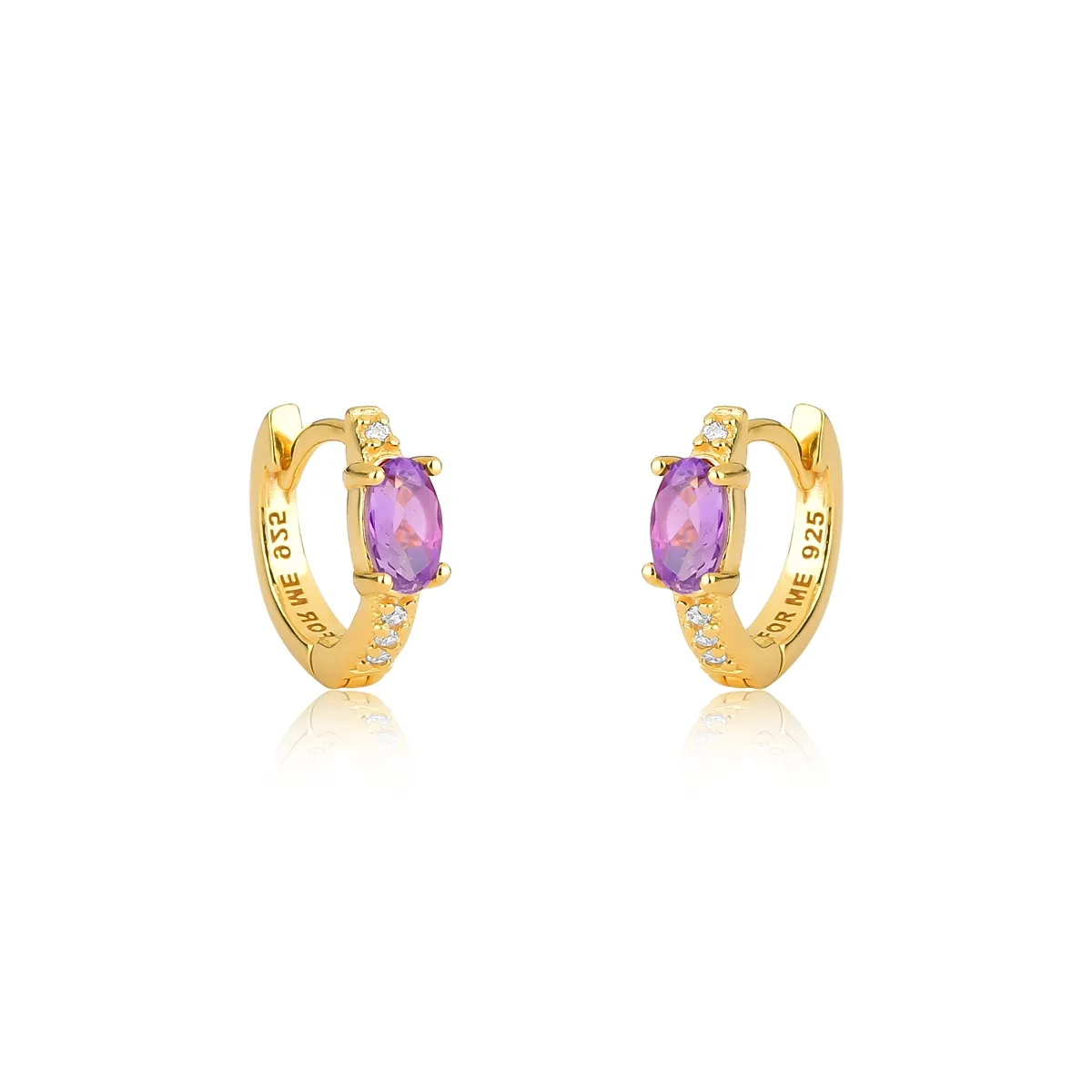 Brinco argola de Ametista prata 925 dourada com Zircônias For me Victorian