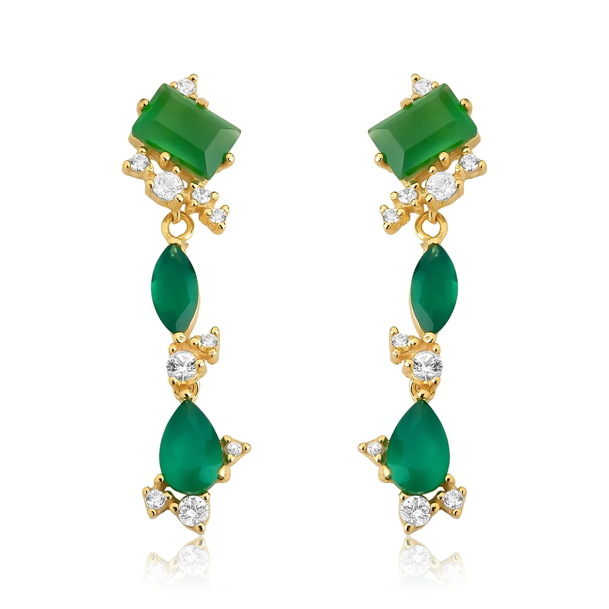 Brinco Drops pingente prata 925 dourada com Ágata verde e Topázios For me Deco