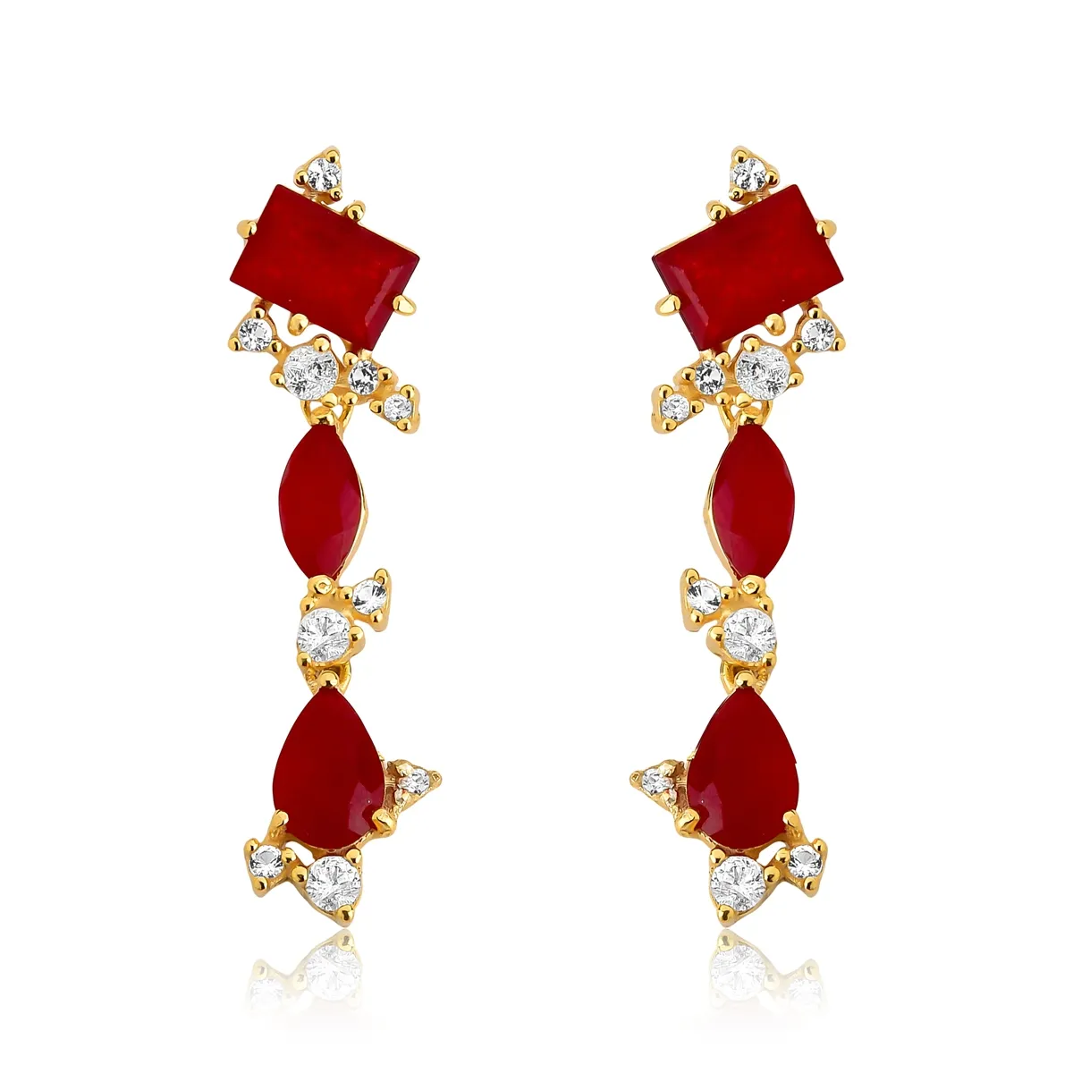 Brinco Drops pingente prata 925 dourada com Jade vermelha e Topázios For me Deco