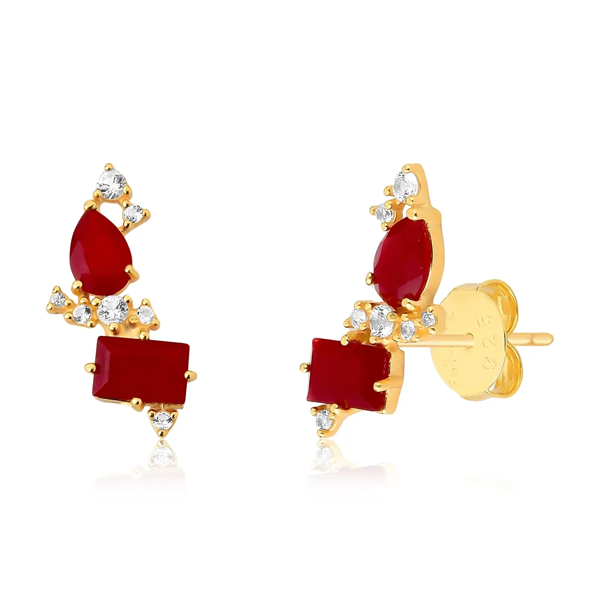 Brinco Ear cuff prata 925 dourada com Jade vermelha e Topázios For me Deco