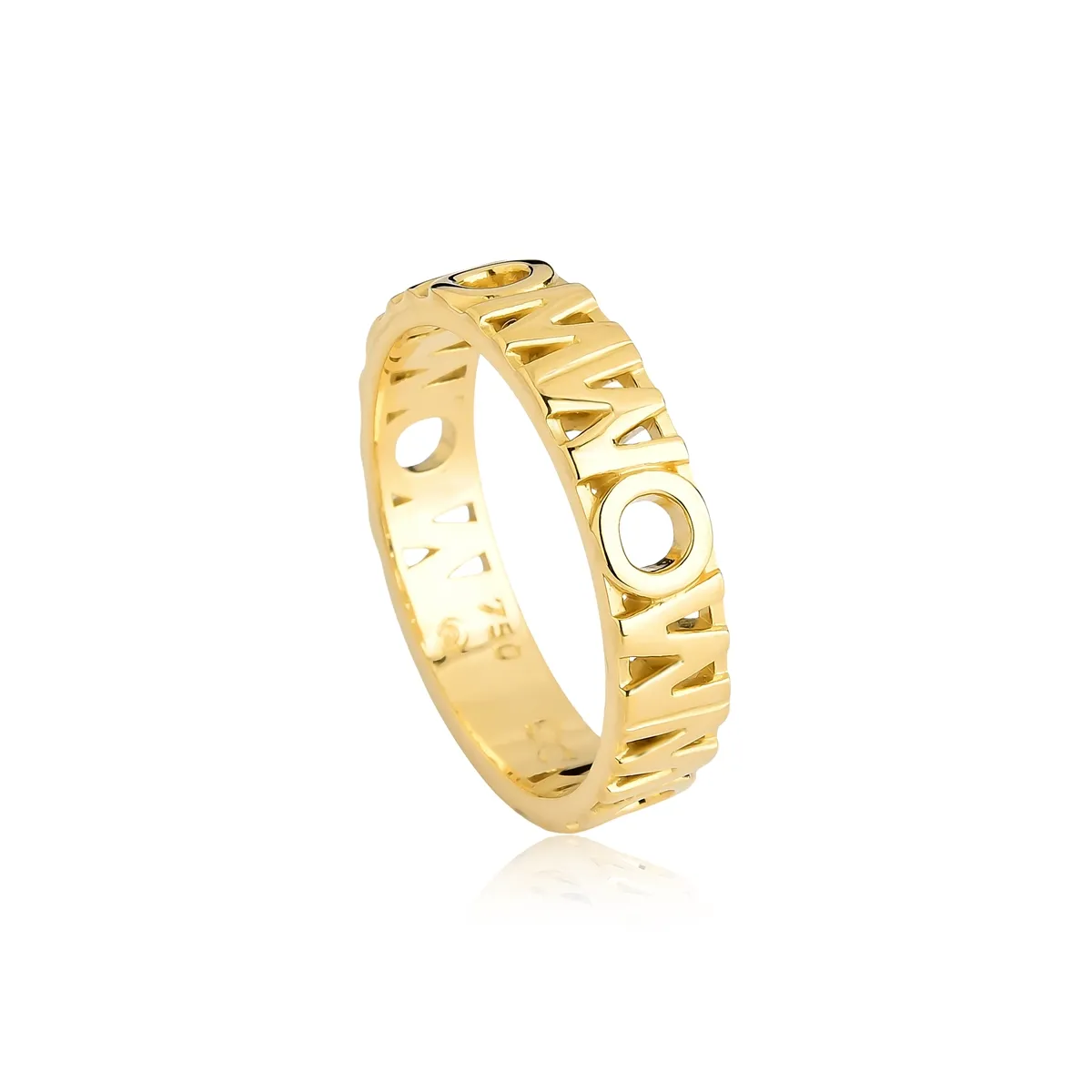 Anel monograma Wow Mom vazado ouro 18k aro inteiro com forro
