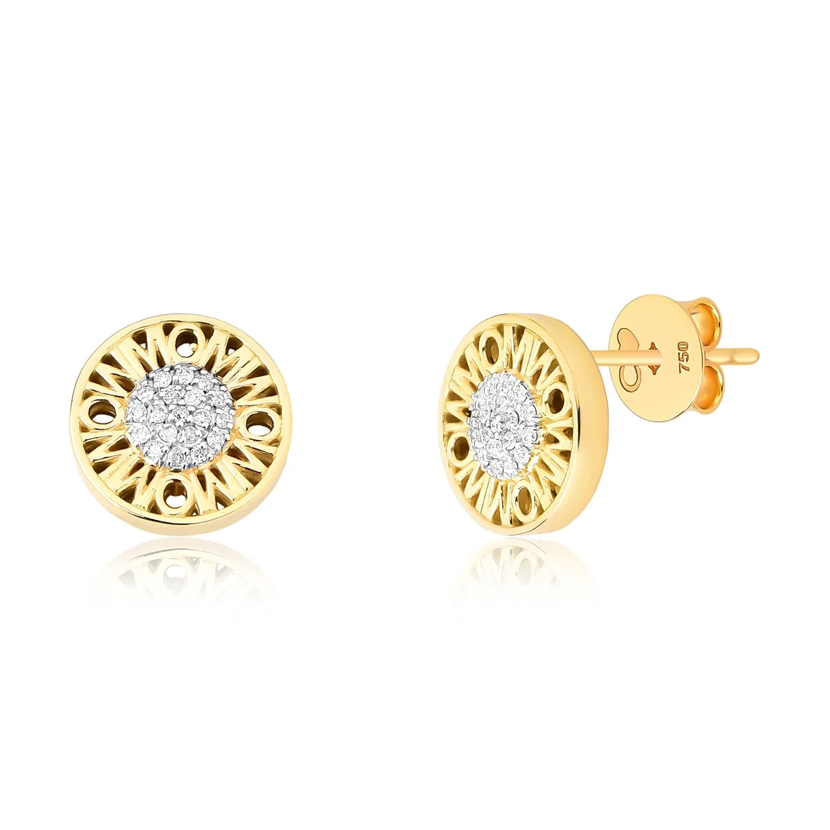 Brinco monograma Wow Mom Stud ouro 18k redondo com pavê de Diamantes