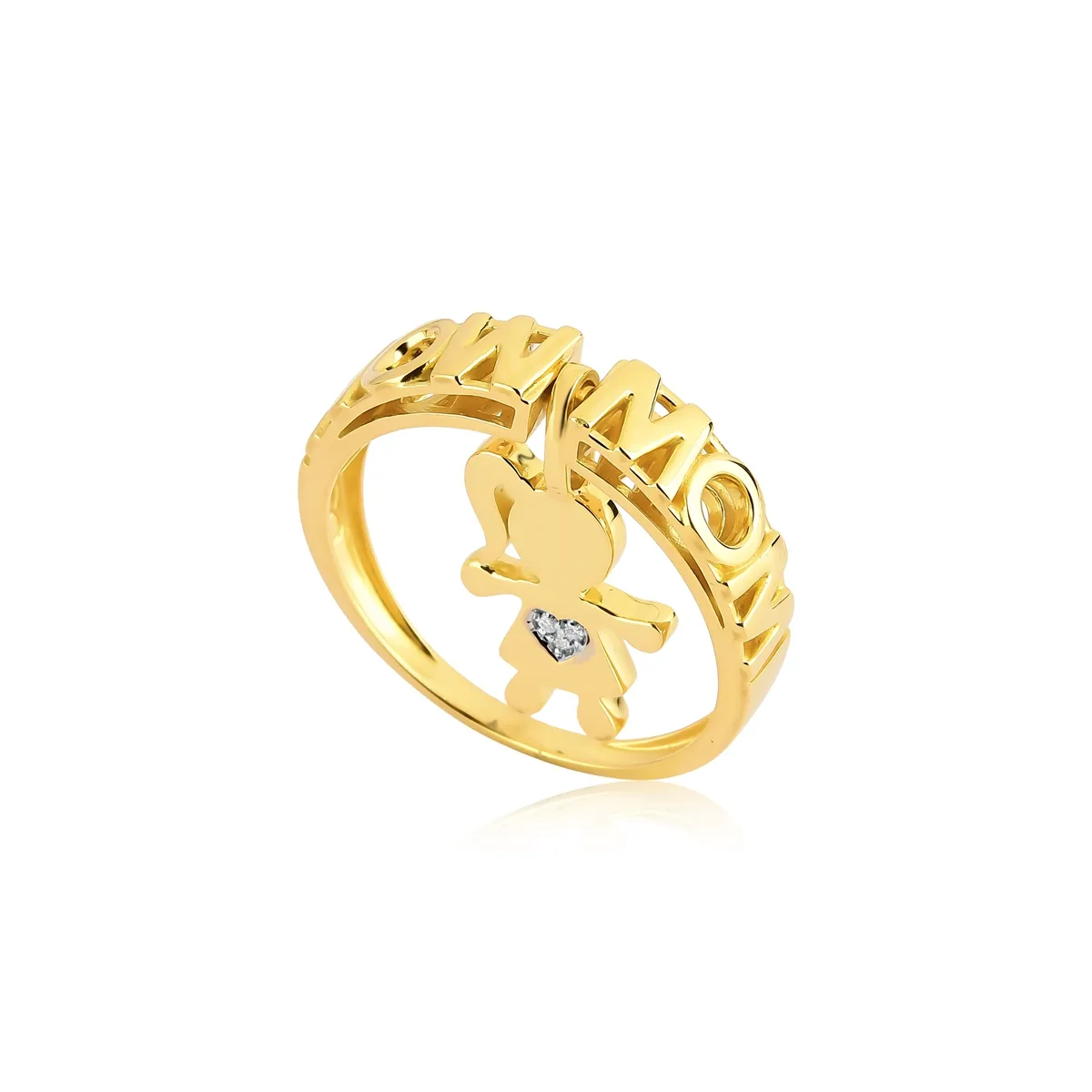 Anel monograma Wow Mom ouro 18k pingente menina coração com Diamante