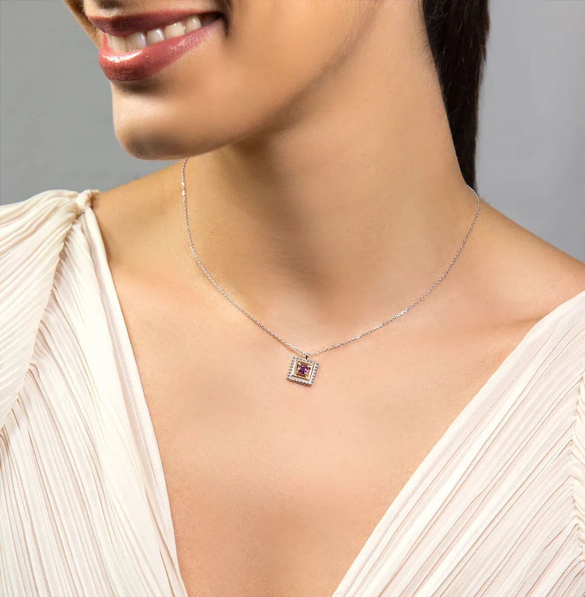 Gargantilha pingente ouro branco 18k com gema Rodolita