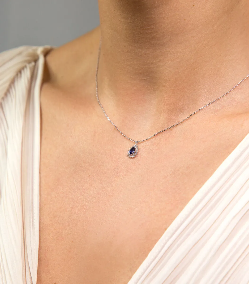 Gargantilha gota de Safira azul ouro branco 18k com 6pts de Diamantes