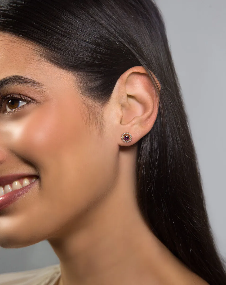 Brinco Stud ouro 18k gema redonda Rodolita com 19pts de Diamantes