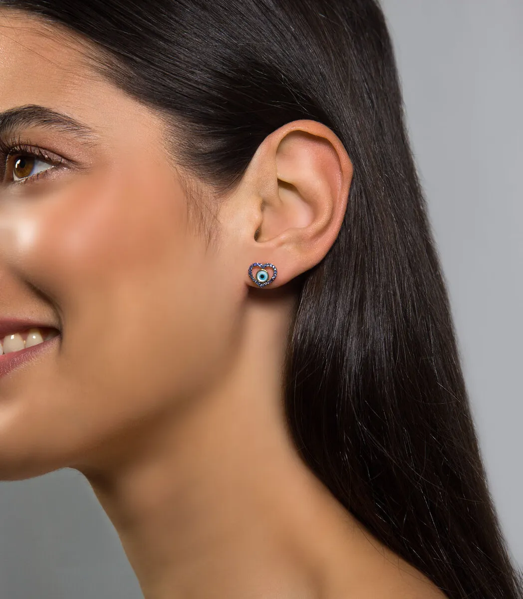 Brinco Stud coração olho grego ouro 18k de Madrepérola e Safira azul