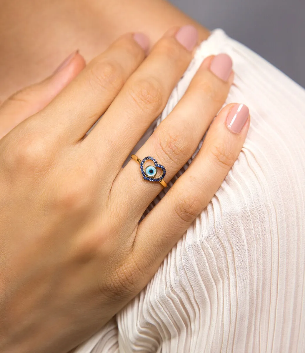 Anel olho grego de Madrepérola ouro 18k coração de Safiras azuis