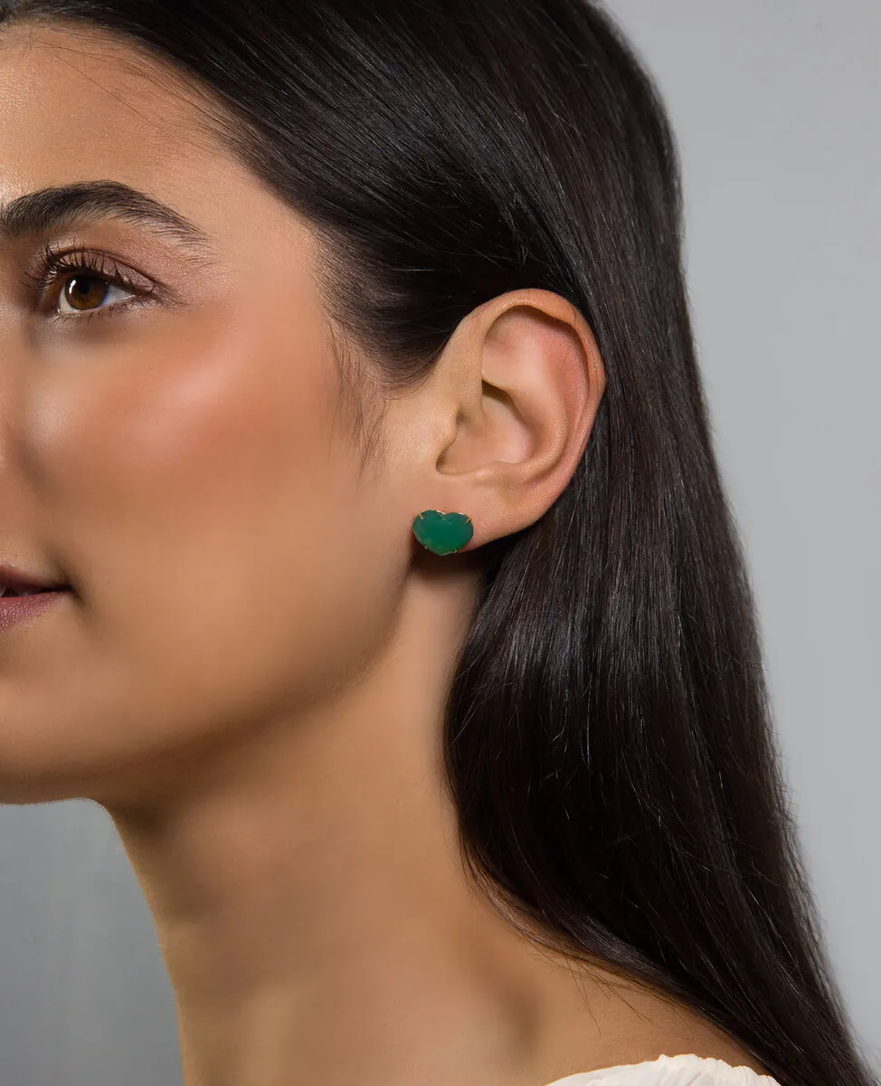 Brinco Stud coração ouro 18k com gema Ágata verde