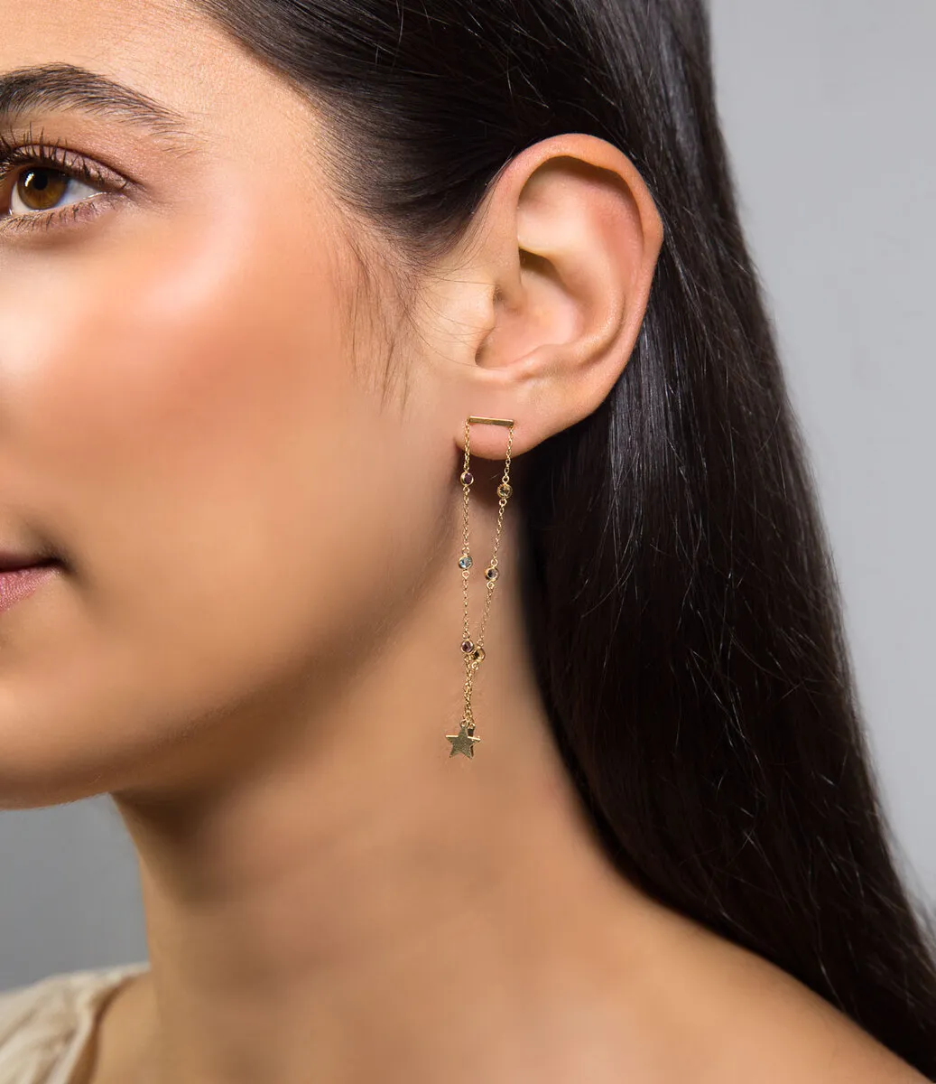 Brinco pingente ouro 18k correntes com mix de Gemas Brasileiras