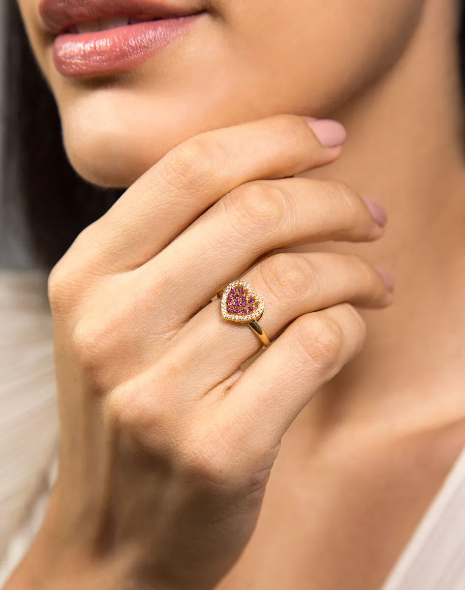 Anel coração ouro 18k com Rubis e Safiras brancas