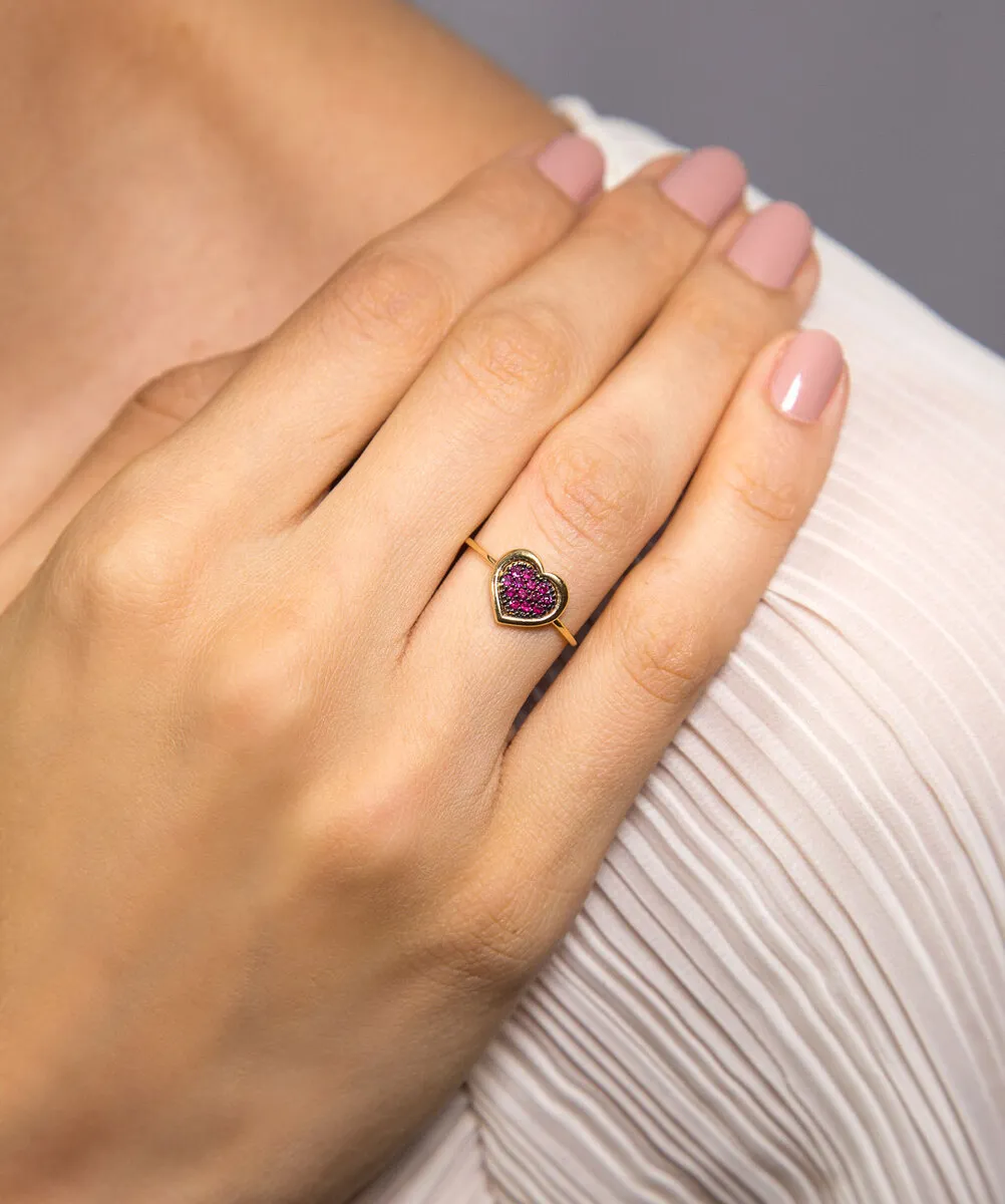 Anel coração ouro 18k cravejado 19,5pts de Rubis com ródio negro