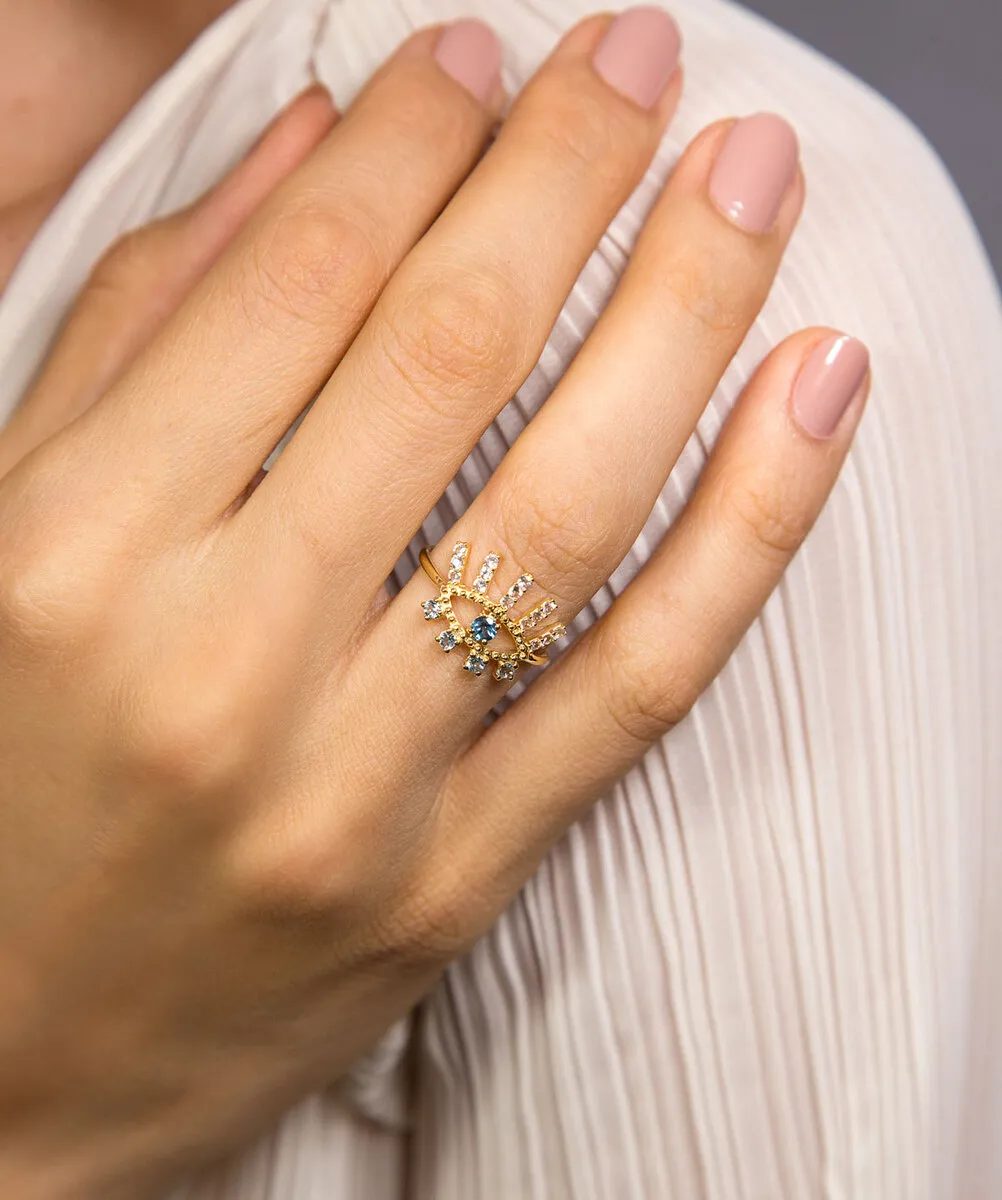 Anel olho grego vazado ouro 18k mix de gemas