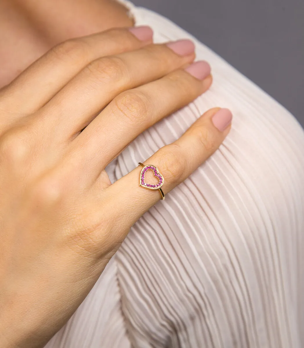 Anel coração vazado ouro 18k de Rubis com ródio negro