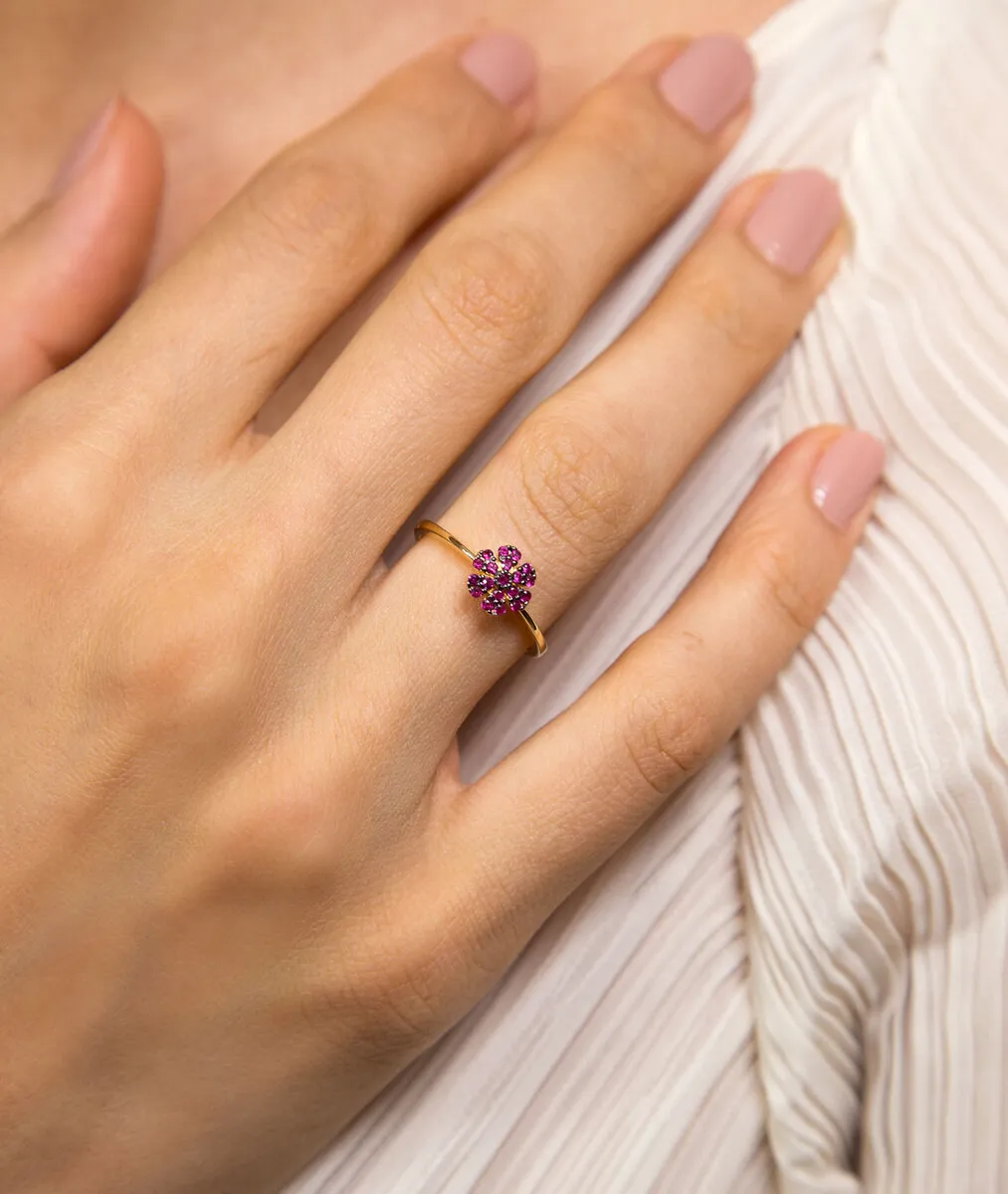 Anel flor ouro 18k com gemas preciosas de Rubi ródio negro
