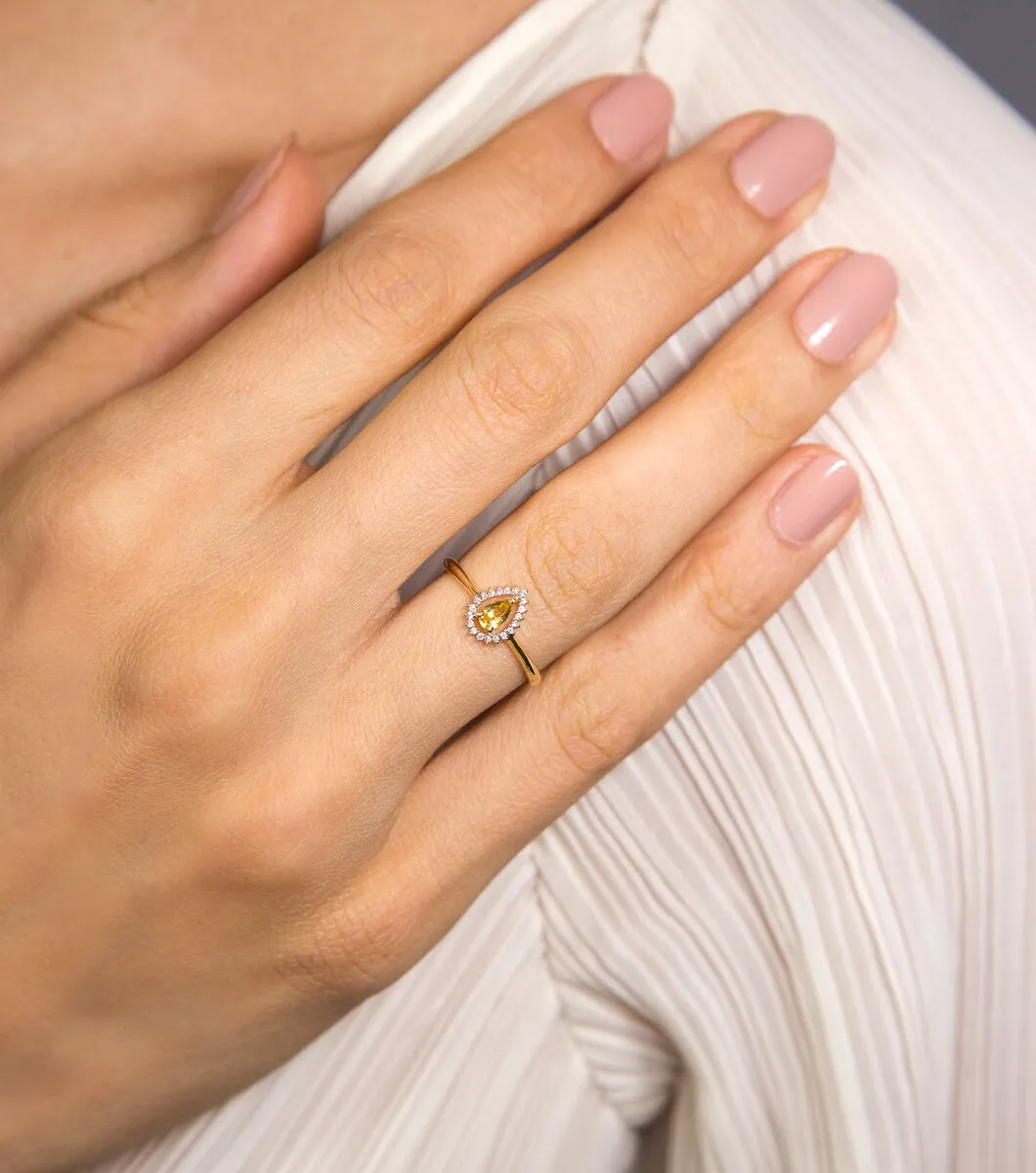 Anel gota de Berilo ouro 18k contorno gota de 6pts de Diamantes