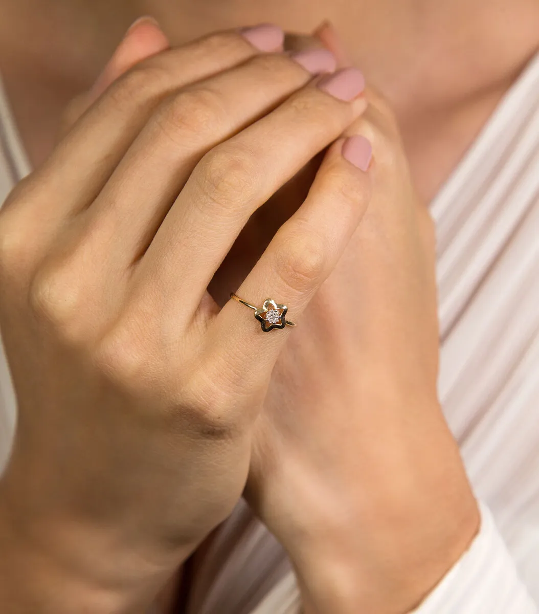 Anel estrela ouro 18k com 3pts de Diamantes rodinados