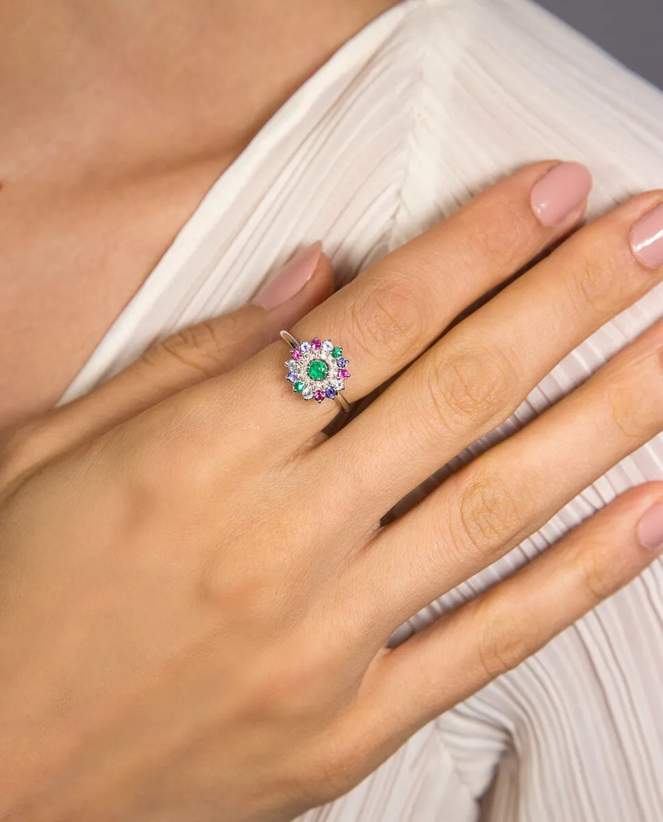 Anel flor mix de gemas coloridas ouro branco 18k com 7pts de Diamantes