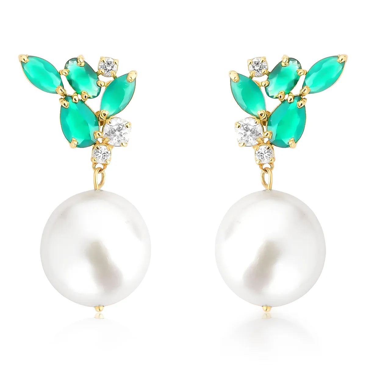 Brinco de Pérola barroca ouro 18k com gemas de Crisoprásio e Topázios