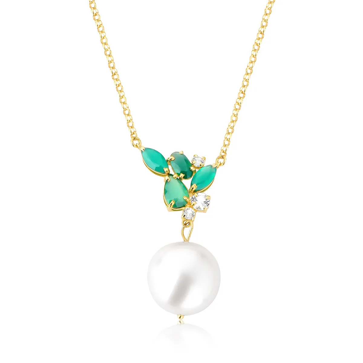 Gargantilha pingente de Pérola ouro 18k com Crisoprásios e Topázios